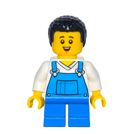 LEGO Minifigure - Boy, Blue Overalls, V-Neck Shirt, Black Coiled Hair, Freckles [CITY]