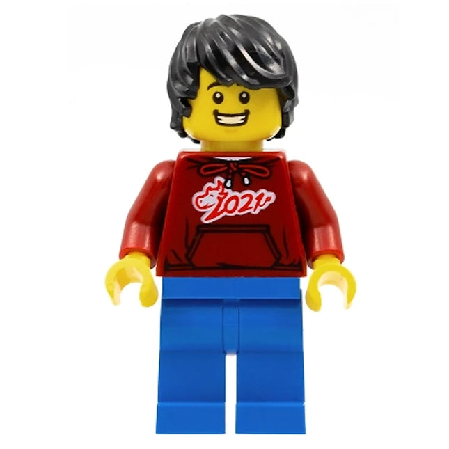 LEGO Minifigure - Male, Dark Red '2021' Shirt, Blue Legs, Black Hair (2021) [CITY]