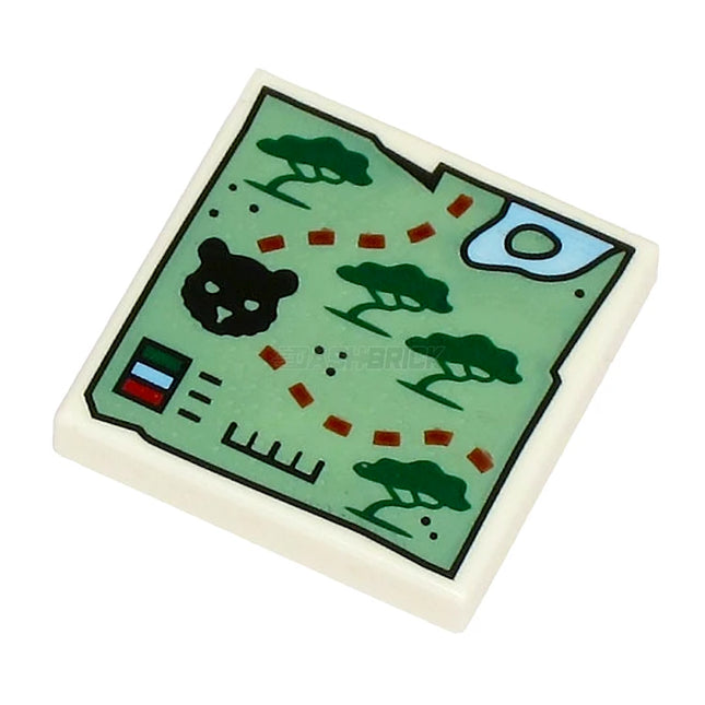 LEGO Minifigure Accessory - Tile, Map, Trees, Black Tiger Head and Dark Red Dotted Line [3068pb2391]