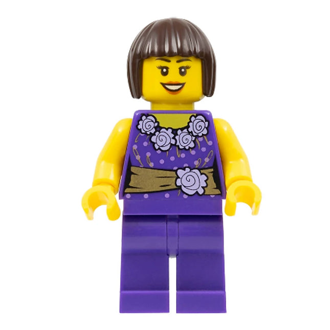 LEGO Minifigure - Female, Purple Blouse with Gold Sash and Flowers, Bob Cut Hair (2015) [CITY]