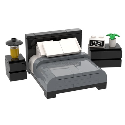 LEGO "Modern Double Bed" - Black-frame, Grey/White Sheets, Bedside Table, Dresser [MiniMOC]