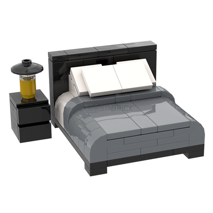 LEGO "Modern Double Bed" - Black-frame, Grey/White Sheets, Bedside Table, Dresser [MiniMOC]