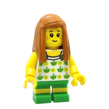LEGO Minifigure - Girl, Child, Halter Top with Green Apples, Dark Orange Long Hair, Freckles (2017) [CITY]