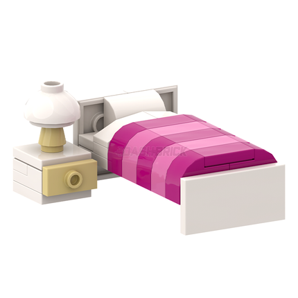 LEGO "Children's Bed" - Single White-frame Bed, Magenta/Dark Pink Sheets, Bedside Table [MiniMOC]