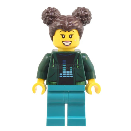 LEGO Minifigure - Female, Hoodie, Dark Turquoise Legs, Dark Brown Hair with Buns [CITY]