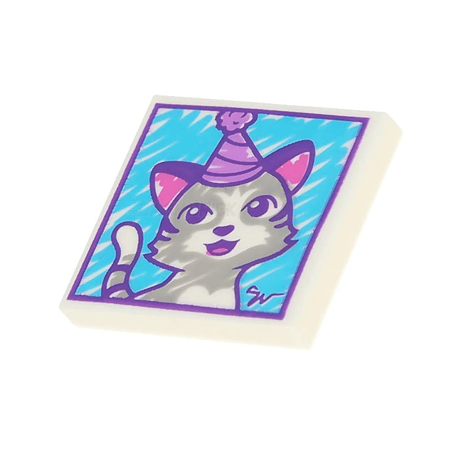 LEGO Minifigure Accessory - Cat Wearing Party Hat Drawing/Painting (2 x 2 Tile) [3068bpb1146]