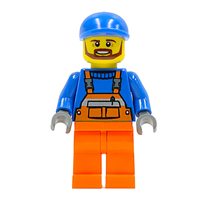 LEGO Minifigure - Male, Overalls with Safety Stripe Orange, Cap, Brown Beard (Tow Truck Driver) (2014) [CITY]