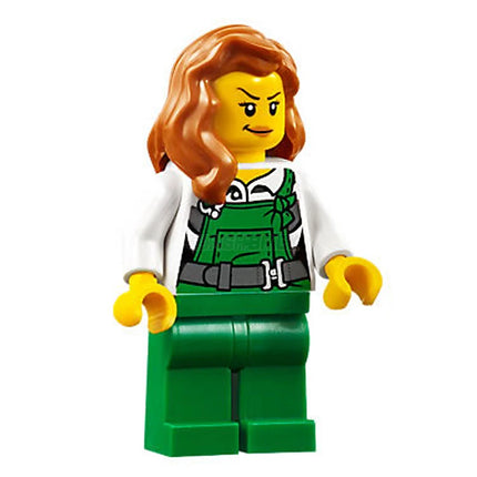 LEGO Minifigure - Female, Green Overalls, Dark Orange Female Hair over Shoulder, Smirk (2017) [CITY]