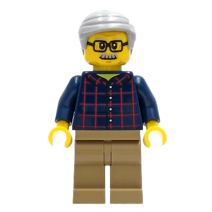 LEGO Minifigure - Man, Dark Blue Plaid Button Shirt, Moustache, Gray Hair [CITY]