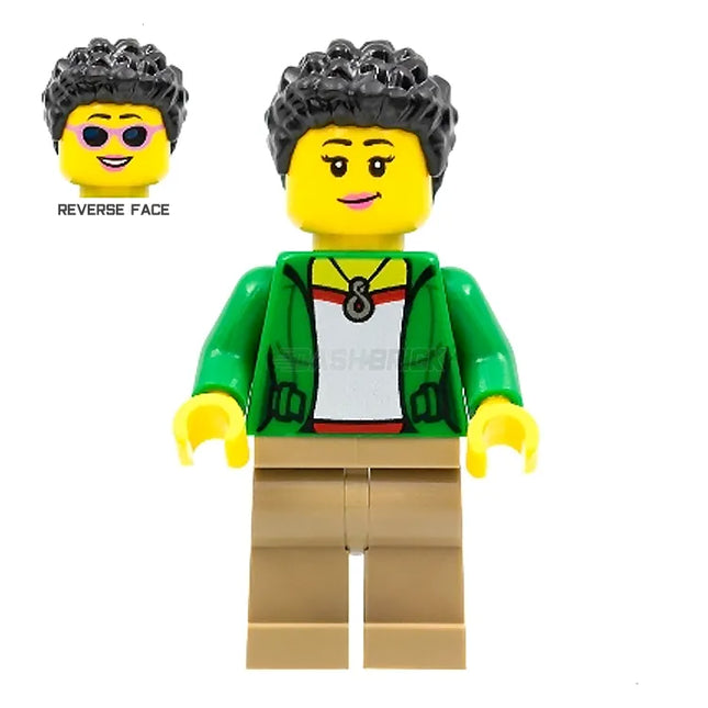 LEGO Minifigure - Female, Stuntz Spectator, Green Jacket, Black Coiled Hair [CITY]