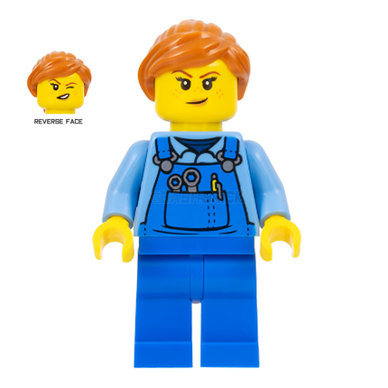 LEGO Minifigure - Female, Blue Overalls, Blue Legs, Dark Orange Hair [CITY]