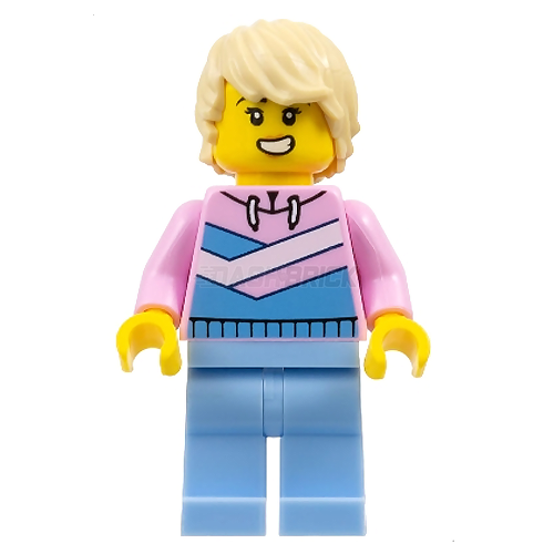 LEGO Minifigure - Female, Bright Pink Hoodie with Diagonal Stripes, Tan Tousled Hair [CITY]