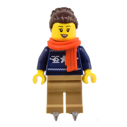 LEGO Minifigure - Female, Dark Blue Holiday Sweater, Hair with Bun, Red Scarf, Ice Skates [CITY]