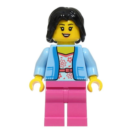 LEGO Minifigure - Female, Jacket over White Shirt with Coral Flowers, Black Hair (2025) [CITY]