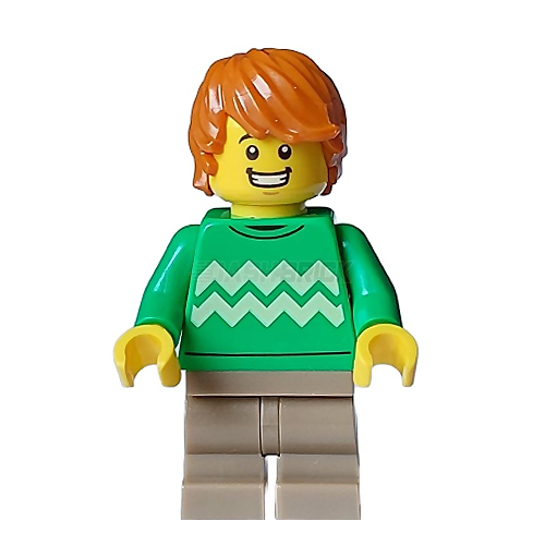 LEGO Minifigure - Male, Green Sweater, Zigzag Lines, Medium Legs, Dark Orange Hair [CITY]