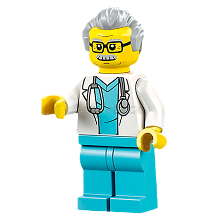 LEGO Minifigure - Doctor/Veterinarian - Male, White Lab Coat, Gray Hair, Glasses [CITY]