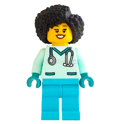 LEGO Minifigure - Doctor - Female, "Dr. Flieber", Scrubs, Black Hair [CITY]