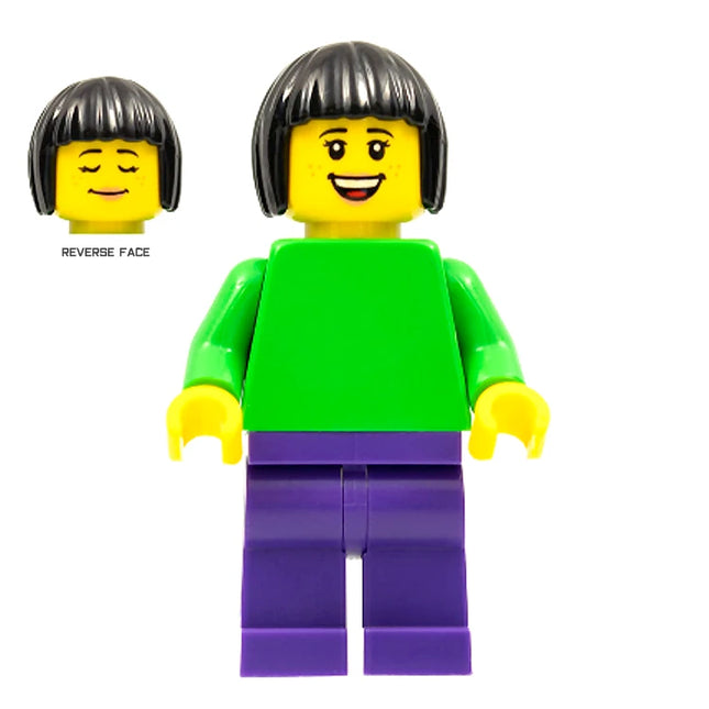 LEGO Minifigure - Female, Bright Green Torso, Dark Purple Legs, Black Bobbed Hair (2021) [CITY]