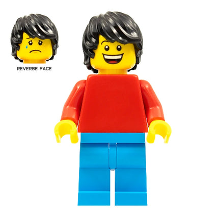 LEGO Minifigure - Male, Red Torso, Dark Azure Legs, Tousled Hair (2021) [CITY]