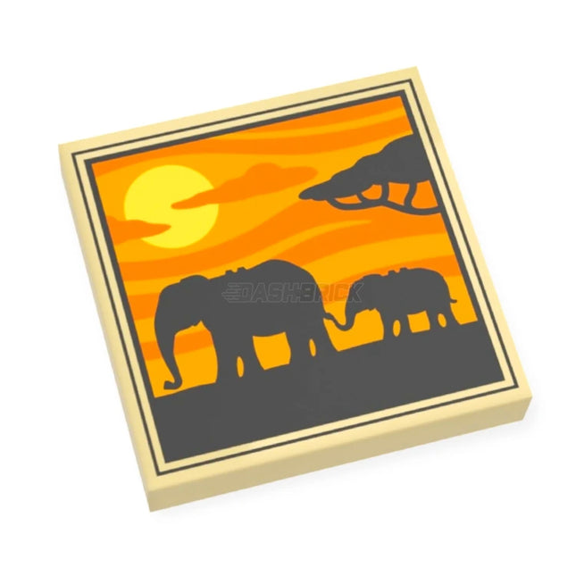 LEGO Minifigure Accessory - Tile, Africa Savannah Painting, 2 Elephants, Tree, Sunset (2 x 2 Tile) [3068bpb1644]