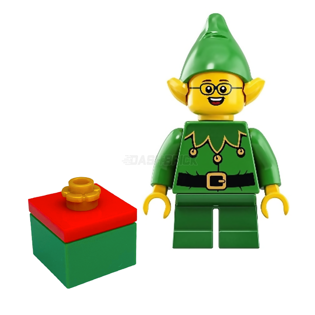 LEGO Minifigure - Santa's Elf, Green Scalloped Collar with Bells, Glasses, Present [Christmas]
