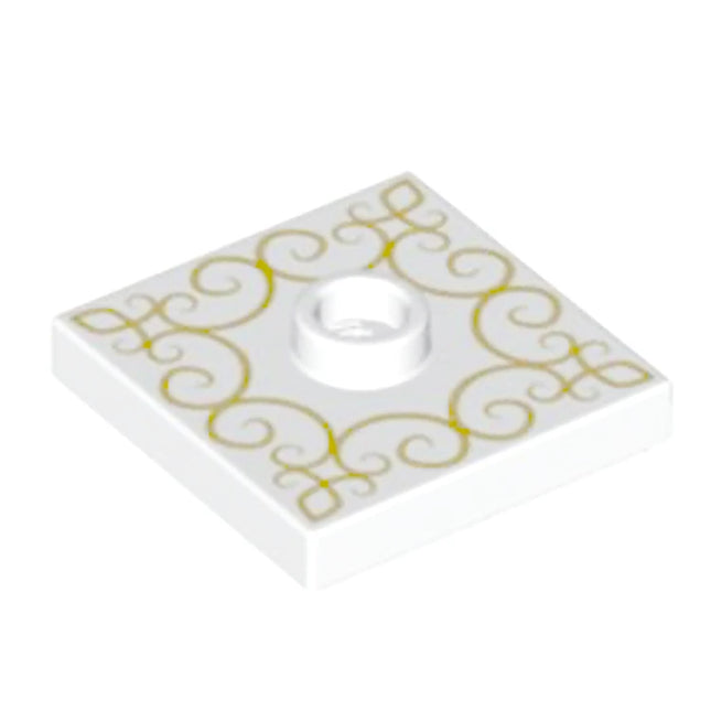 LEGO Plate, Modified 2 x 2, 1 Stud in Center, Gold Filigree, White [87580pb002] 6288364