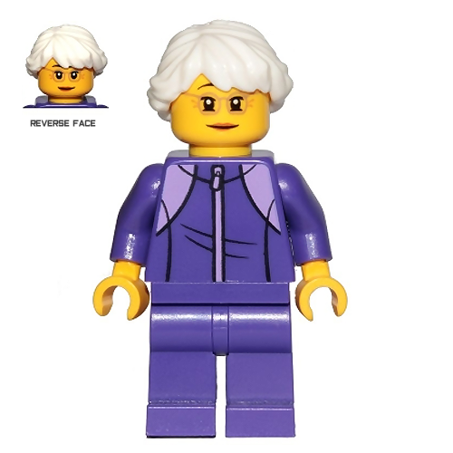 LEGO Minifigure - Woman, Grandma/Grandmother, Dark Purple Tracksuit, White Hair [CITY]