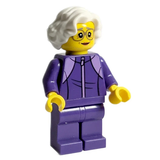 LEGO Minifigure - Female, Grandmother, Dark Purple Tracksuit, White Wavy Hair, Glasses (2020) [CITY]