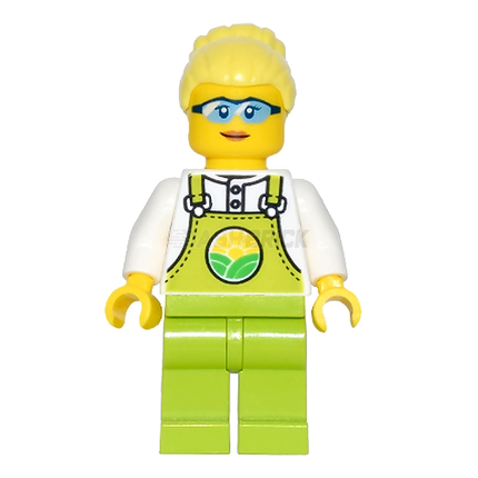 LEGO Minifigure - Female, "Farmer Peach" Lime Overalls, High Bun, Glasses [CITY]