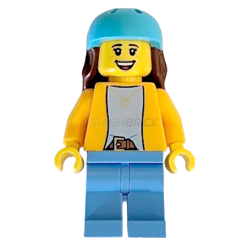 LEGO Minifigure - Female, Orange Jacket, Azure Helmet, Brown Long Hair [CITY]