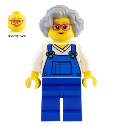 LEGO Minifigure - Female, Blue Overalls over V-Neck Shirt, Light Bluish Gray Hair, Glasses [CITY]