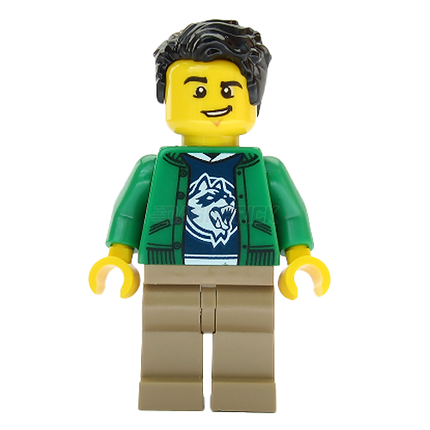 LEGO Minifigure - Male, Ski Shop Clerk, Green Jacket over Raccoon Shirt [CITY]