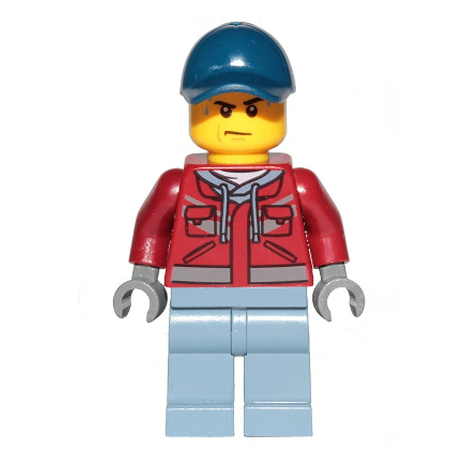 LEGO Minifigure - Male, Dark Red Hooded Sweatshirt, Cap, Frown, Sweat Drops (2020) [CITY]