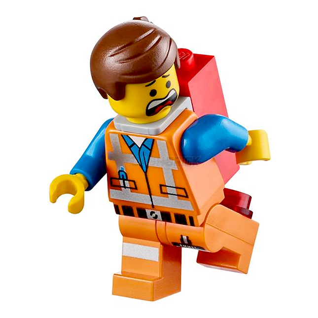 LEGO Minifigure - Emmet - Lopsided Closed Mouth Smile, with Piece of Resistance and Plate on Leg [The LEGO Movie]