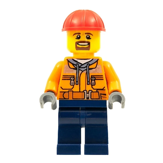 LEGO Minifigure - Male, Construction, Orange Safety Jacket, Construction Helmet, Goatee (2018) [CITY]