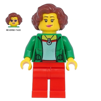 LEGO Minifigure - Female, Green Jacket, Red Legs, Reddish Brown Hair [CITY]