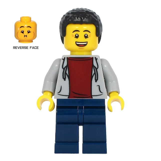LEGO Minifigure - Male, Dad - Gray Hoodie with Dark Red Shirt, Dark Blue Legs, Black Hair (2021) [CITY]