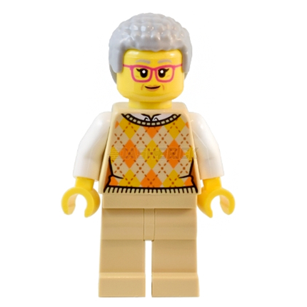 LEGO Minifigure - Female, "Natural History Museum Visitor" Tan Knit Argyle Sweater Vest, Coiled Hair, Glasses [CITY]