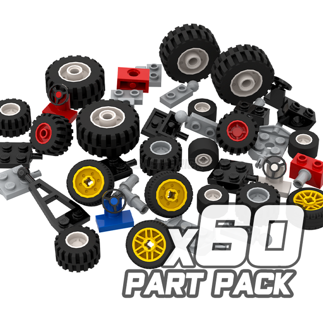 LEGO "Wheels, Tires, Tow Plates & Axles" [60 Part Pack] Assorted Colours, Sizes and Variations