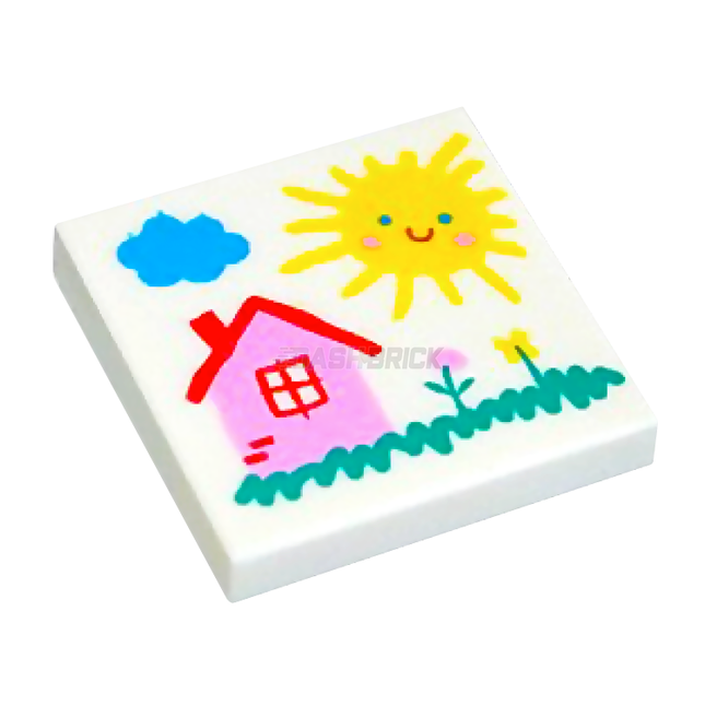 LEGO Minifigure Accessories - 2 x 2 Tile, Kids Drawing, Drawing of Cloud, Sun, House, & Flowers Pattern [3068bpb1882]