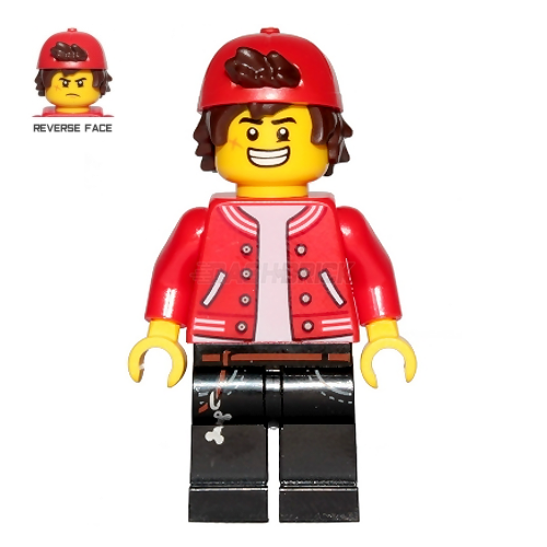 LEGO Minifigure - Jack Davids, Red Jacket, Backwards Cap (Large Smile / Grumpy) [HIDDEN SIDE]