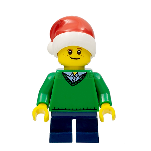 LEGO Minifigure - Boy, Green V-Neck Sweater, Santa Hat [CITY]