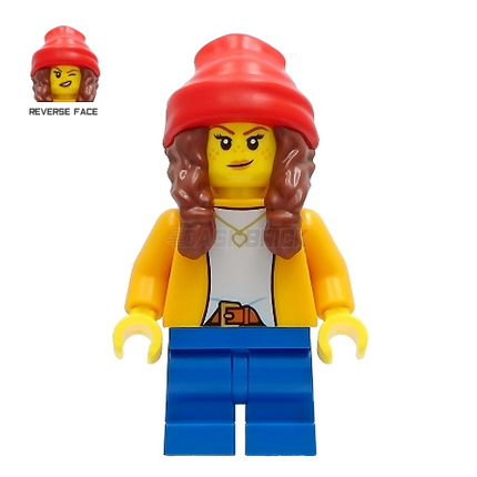LEGO Minifigure - Girl, Orange Jacket, Blue Medium Short Legs, Red Beanie [CITY]
