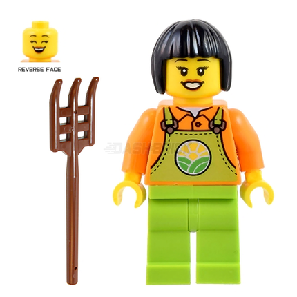 LEGO Minifigure - Farmer, Female, Lime Overalls over Orange Shirt, Lime Legs [CITY]
