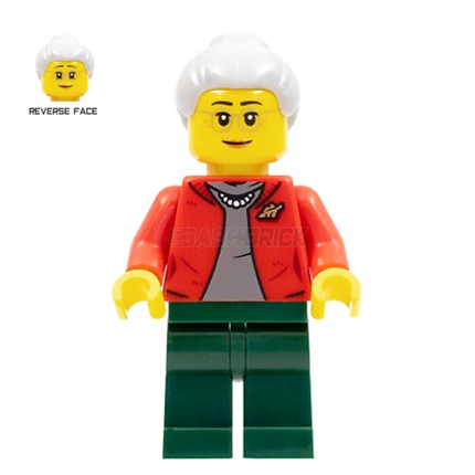 LEGO Minifigure - Woman, Grandmother, Red Jacket, Light Gray Hair, Glasses [CITY]