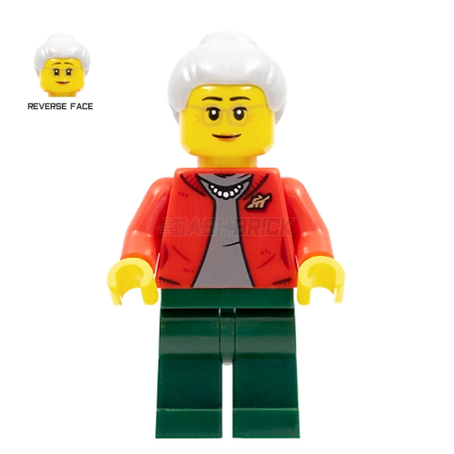 LEGO Minifigure - Woman, Grandmother, Red Jacket, Light Gray Hair, Glasses [CITY]