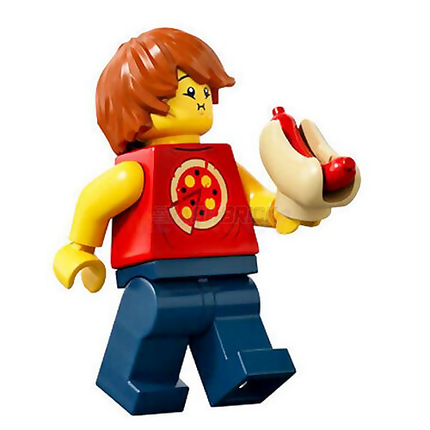 LEGO Minifigure - "Ronny", Red Pizza Shirt, Hot Dog (2019) [HIDDEN SIDE]