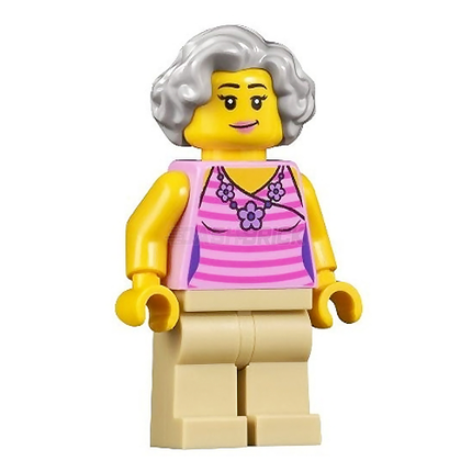 LEGO Minifigure - "Globetrotter", Grey Hair, Pink Flower Top (City/Town)
